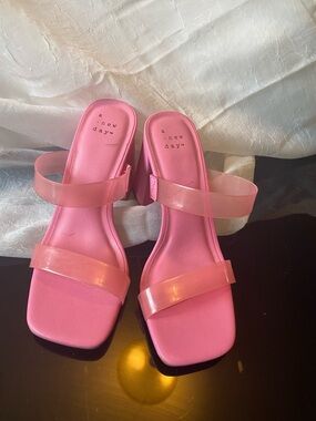 a new day Pink Block Heel Slide Sandals with Clear Straps